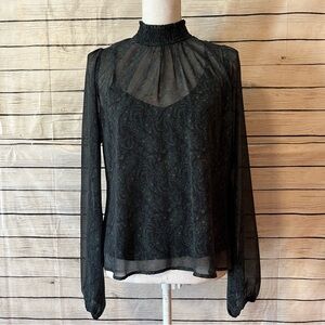 Roan + Ryan long sleeve floral dark emerald smock neckline sheer blouse small